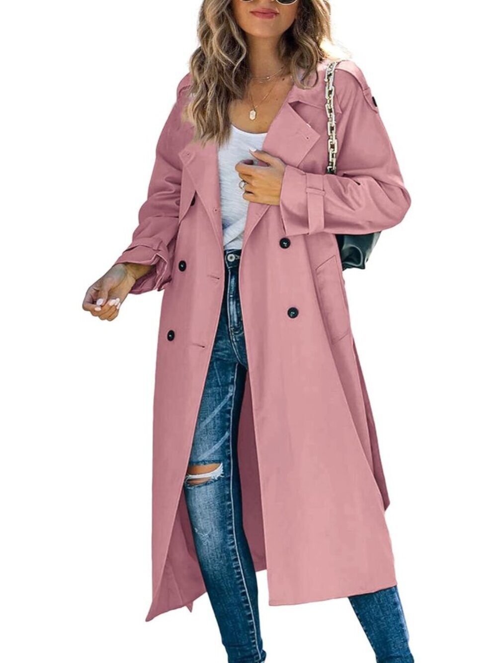 Women's Pink Double Breasted Windproof Classic Lapel Slim Long Trench Coat